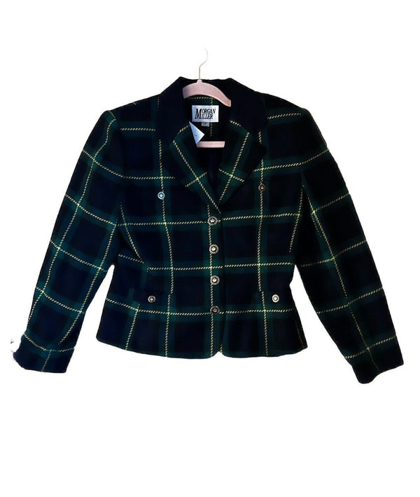 VTG Morgan Miller Women's Blazer Jacket, Tartan Green & Blue Plaid, Size 6P