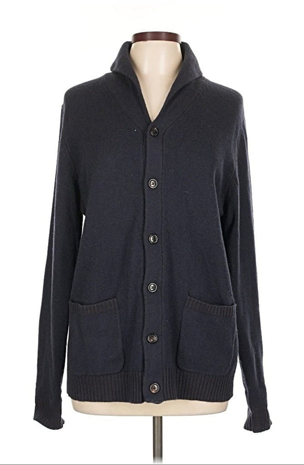 Glen Lyon Women’s Navy Blue Cashmere Button Cardigan with Elbow Pads – Size Large