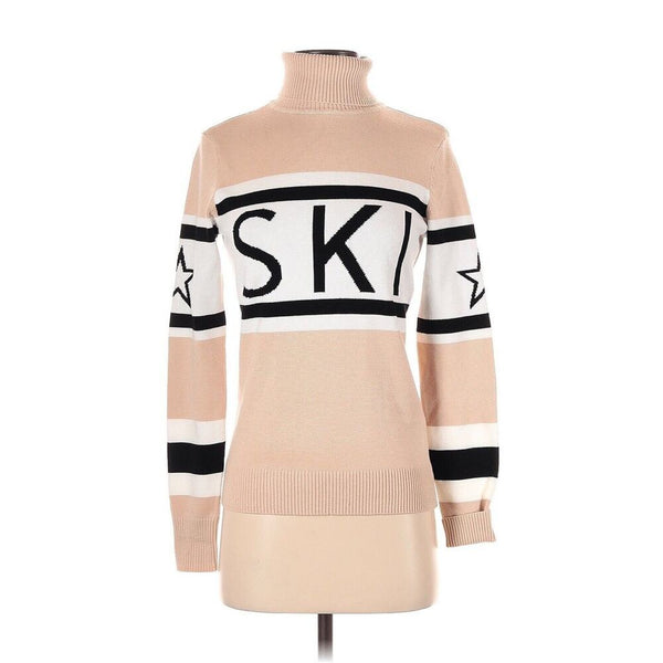 NWT Antonio Melani Women's Ski Motif Ribbed Turtleneck Sweater – Beige, White & Black (Medium)
