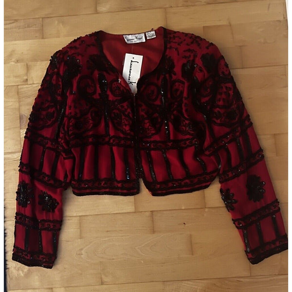 NWT VTG Laurence Kazar Black Red Cropped Beaded Silk Jacket Large