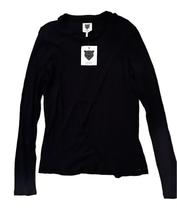 NWT Lita by Ciara Women's Love Ribbed Cotton Organza Long Sleeve Top – Black, Size XL
