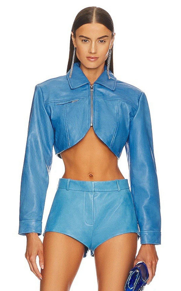 NWT Lamarque Women's Brielle Cropped Genuine Leather Jacket – Blue, Size Small