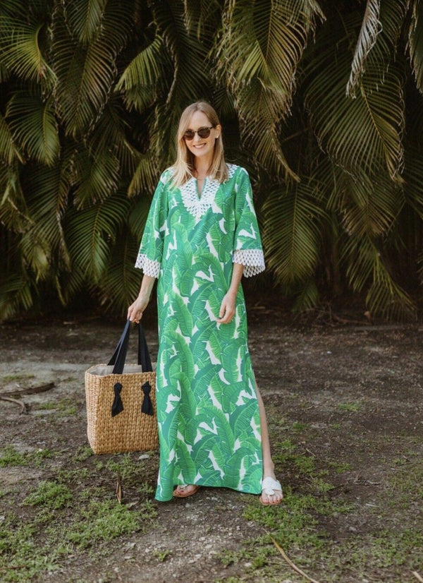 Sail To Sable Green Banana Leaves Leaf Preppy Maxi Kaftan Dress Medium