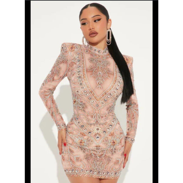 NWT Queen Cleopatra Embellished Long Sleeve Mock Neck Mini Nude Dress L