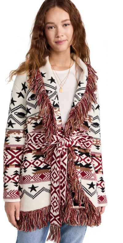 Scotch Soda Sweater Aztec Jacquard Woven Fringed Cardigan Tie Western Boho Small