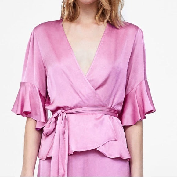 Zara Lilac Purple Pink Wrap Flounce Sleeve Wrap Sash L