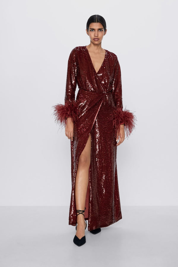 Zara Limited Edition Burgundy Red Sequin Feathers Cuff Wrap Maxi Dress Medium