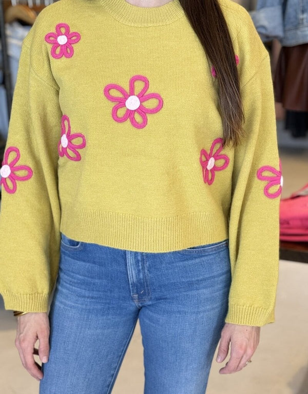 Listicle Neon Green Pink Daisy Flower Knit Sweater L