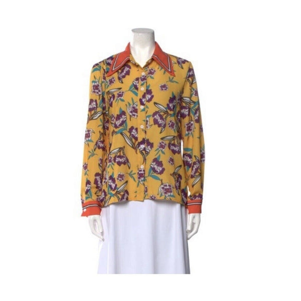 Beulah Women's Cotton Blunt Yellow Floral Collared Button-Down Blouse Retro Print Medium