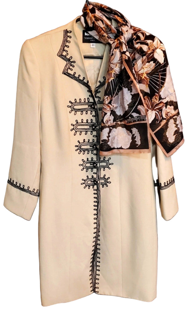 Lorina Lazinni Women's Elegant Cream Trench Coat – Military Longline with Black Detailing – Size 8