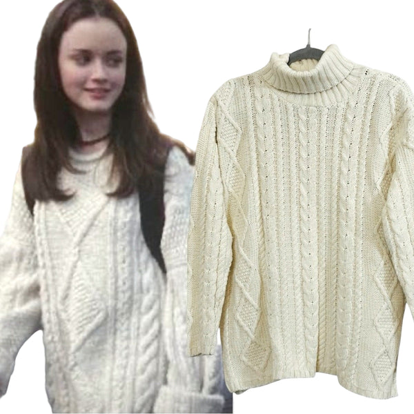 VTG Women’s Cream Cable Knit Mockneck Sweater – Cotton, Size Medium