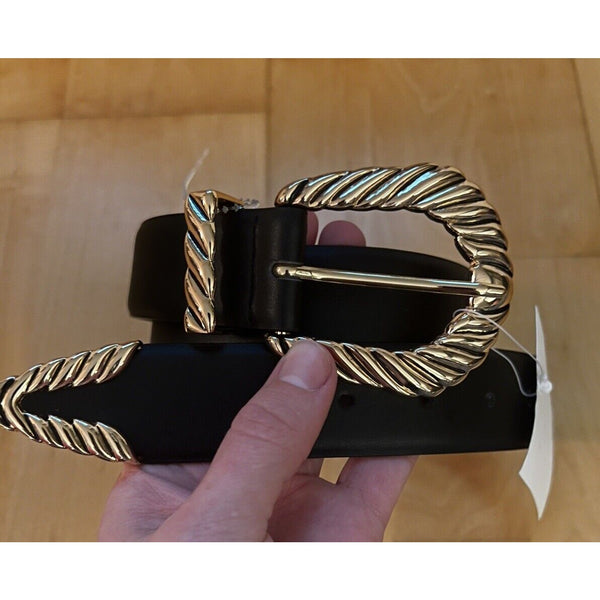 NWOT Petite MOMENTS BLACK Gold Western GENUINE LEATHER BELT XS/S