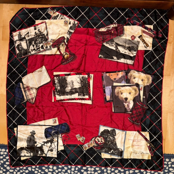 VTG polo Ralph Lauren Holiday season Christmas Bear postcard silk scarf Red 35"