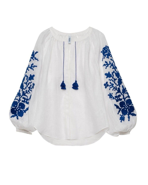 Eleven March 11 Women's Adele 100% Linen Blue Blouse with Embroidered Sleeves and Tassel Detail, Size Small