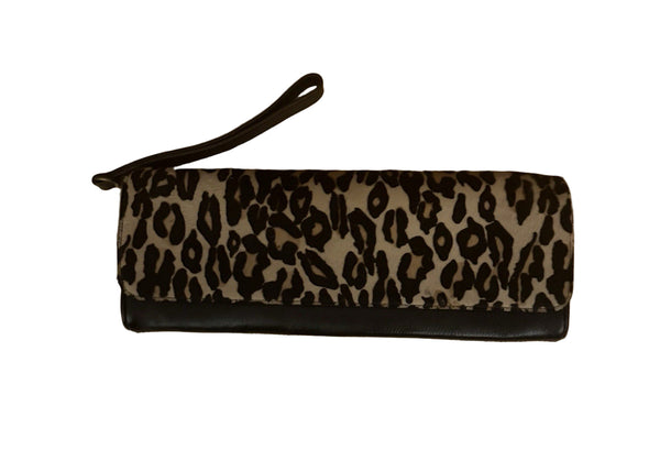 HOBO Leopard Print Leather Clutch Wristlet Purse Calfhair Tan Black