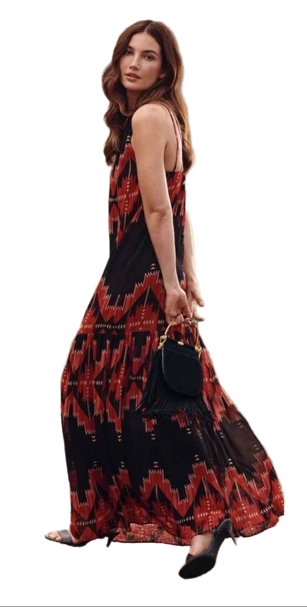 Ralph Lauren Women's Red & Black Aztec Southwest Print Maxi Dress – Size 6