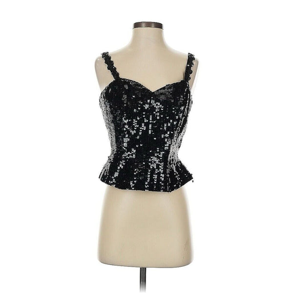 VTG Lillie Rubin Women's Beaded Peplum Tank Top, Black Silk with Sequins, Size 8