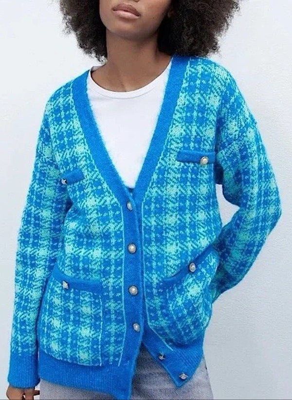 ZARA CHECK KNIT CARDIGAN LONG BLUE RETRO V-NECK FAUX PEARL BUTTON Small