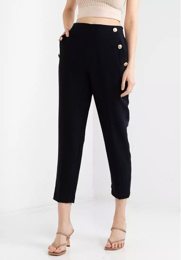 ✨NWT ZARA WOMAN BUTTONED STRAIGHT LEG PANTS Navy Blue Gold Buttons Size Large