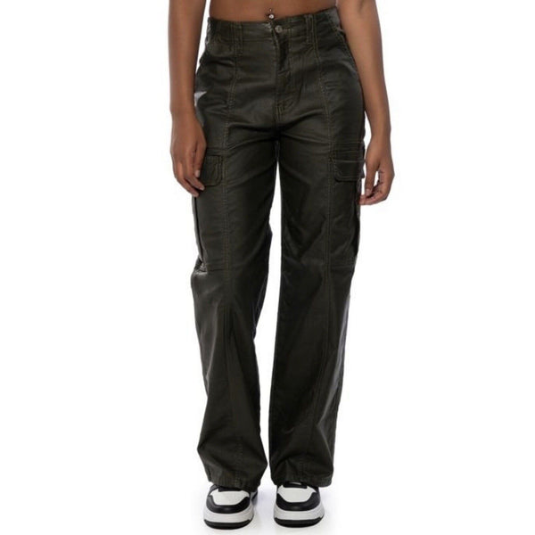 Akira Women's Faux Leather Unforgettable  Wide Leg Cargo Pants - Black, Size XL