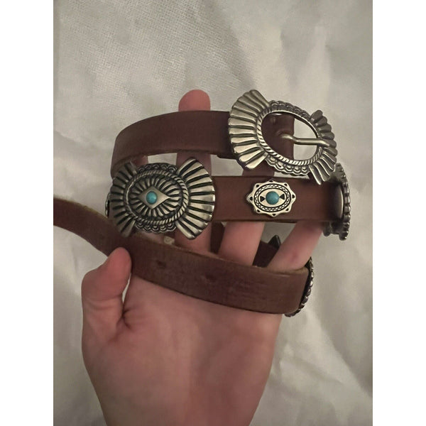 Puntovita Women's Concho Leather Belt Brown Leather Silver Turquoise Beads Western Small