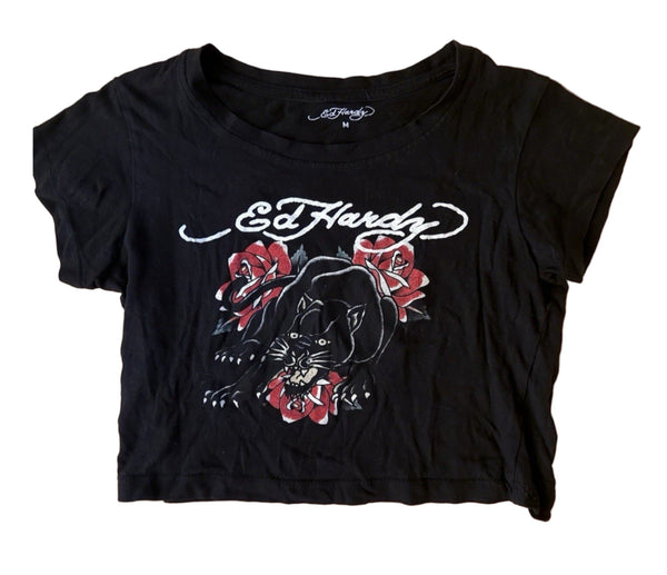 Ed Hardy Women’s Rose Panther Black Crop Top Baby Tee – Size Medium