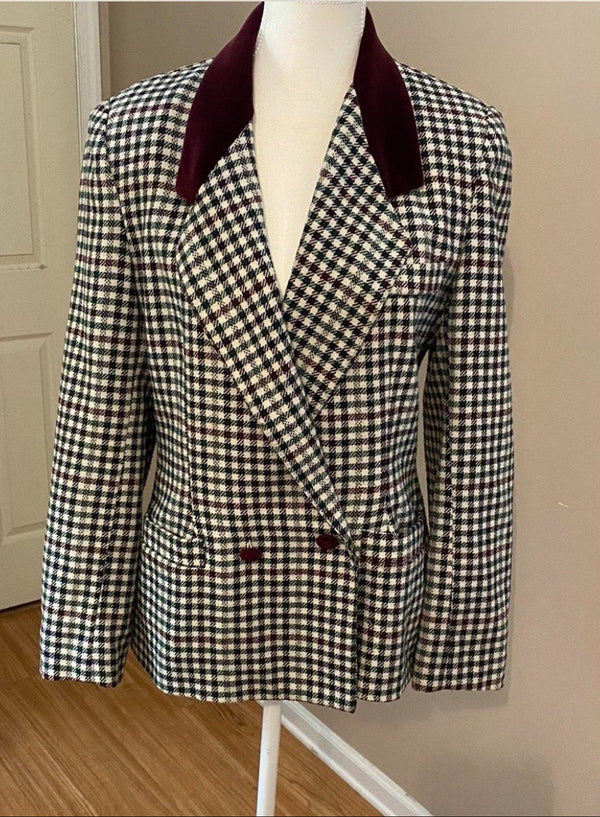 VTG Nathaniel Stone Women's Red Plaid Longline Wool Blazer Velvet Collar Medium