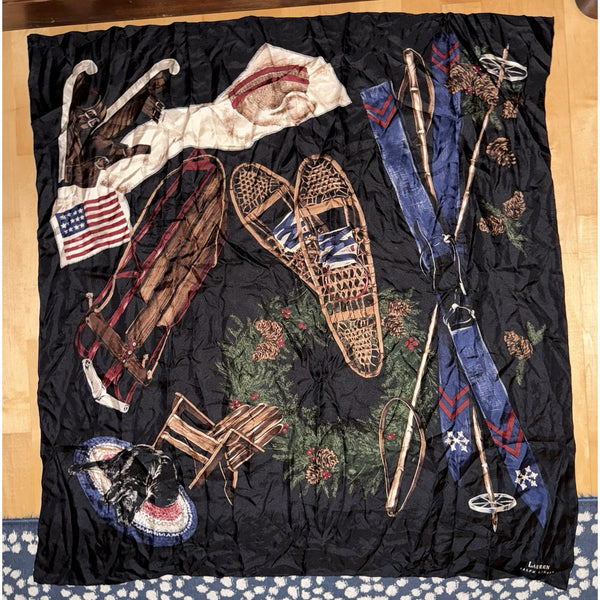 VTG Lauren Ralph Lauren Holiday Winter Snow Ski Silk Scarf American Flag 33”