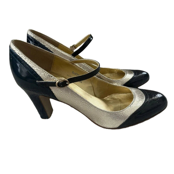 J.Crew Women's Penelope Spectator Heel Blue Black Cap Toe Metallic Gold 7.5