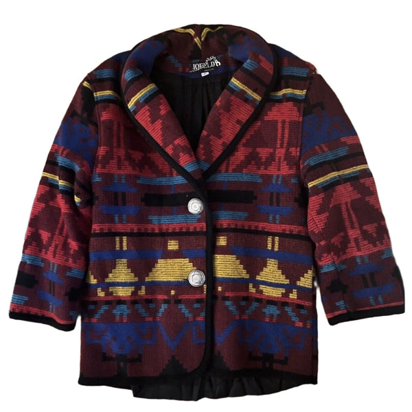 VTG JOFELD Women's 90s Southwestern Aztec Tribal Equestrian Western Navajo Wool Coat, Small