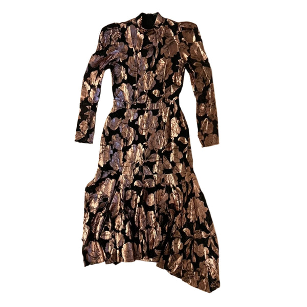 Yumi Kim Connie Women's Midi Dress Black Metallic Floral Brocade Long Sleeve XS