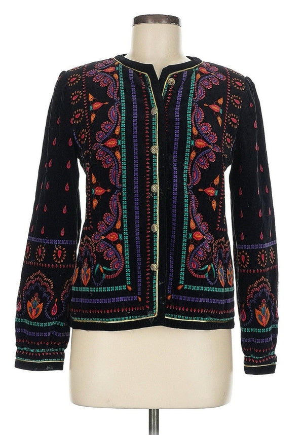 VTG Saxton Hall Women's Velvet Quilted Jacket – Black Multicolor Print – Size 8
