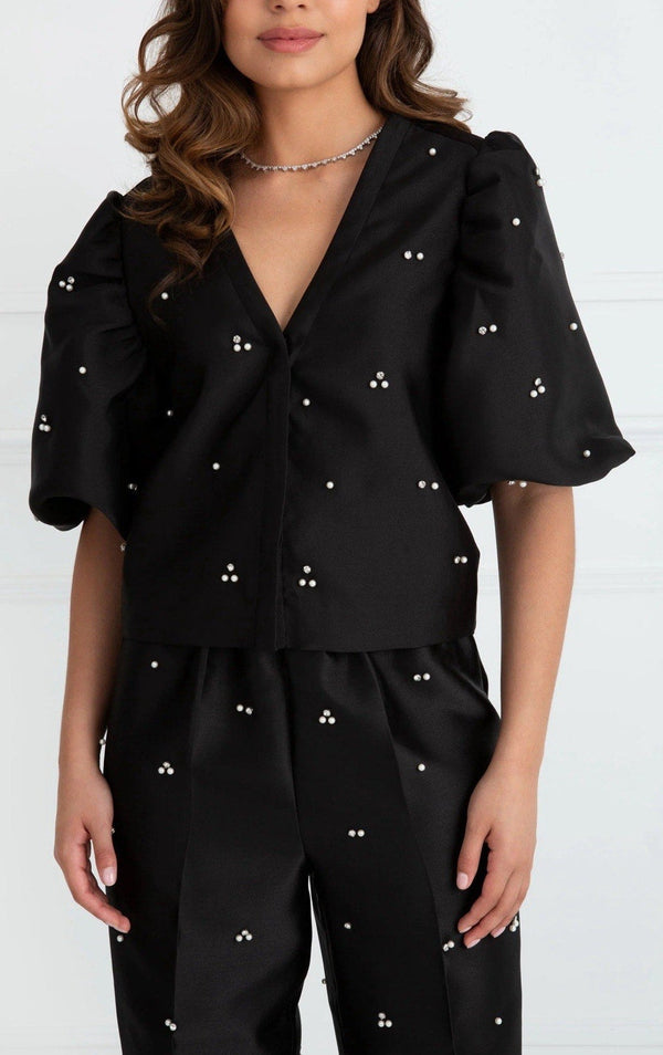 NWOT Sinead Keary Women's “The Aurora” Black Pearl Rhinestone Satin Jacket – Short Sleeve, Medium