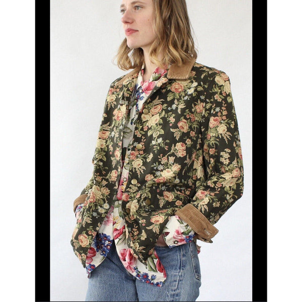 VTG 90s Ralph LAUREN Floral Print Jacket Chore Coat Equestrian Cottagecore M