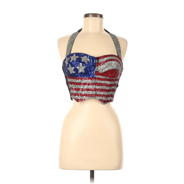 VTG Match Ups American Flag Corset Halter Sequin Red White Blue USA LARGE