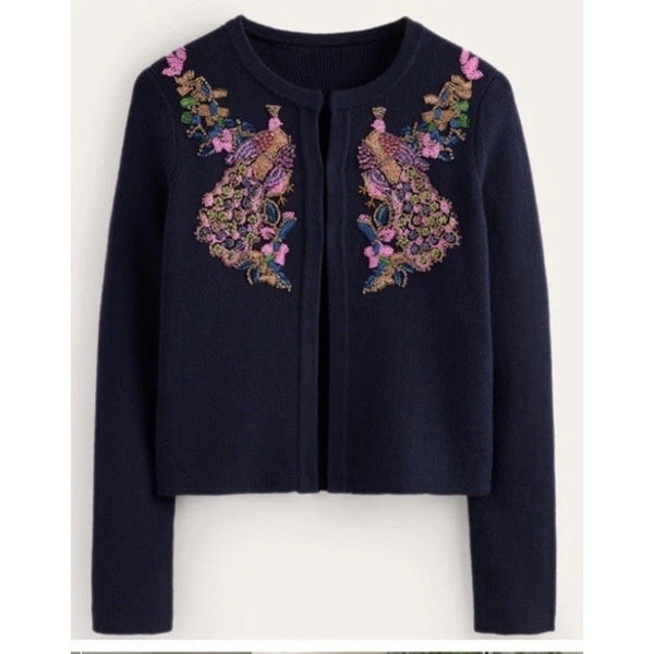 Boden Bird Peacock Embroidered Embellished Beaded Sweater Jacket Cardigan 8