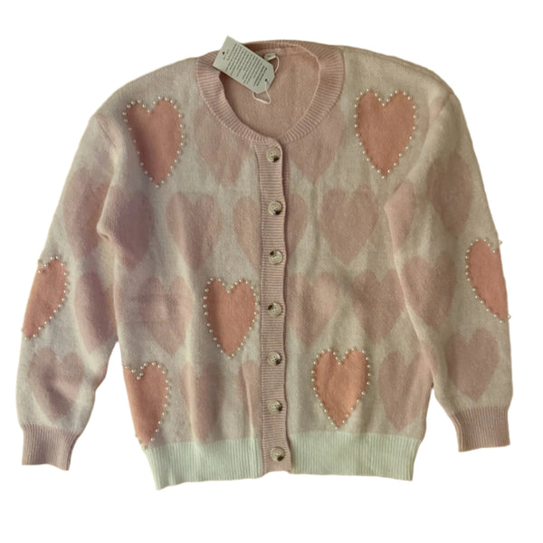 NWT Women’s Pink White Heart Pearl Beaded Valentine’s Cardigan Sweater XL