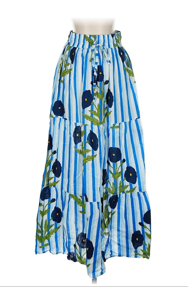 Sun Dried Laundry Women’s Blue White Striped Floral Blockprint Maxi Skirt – Size XS