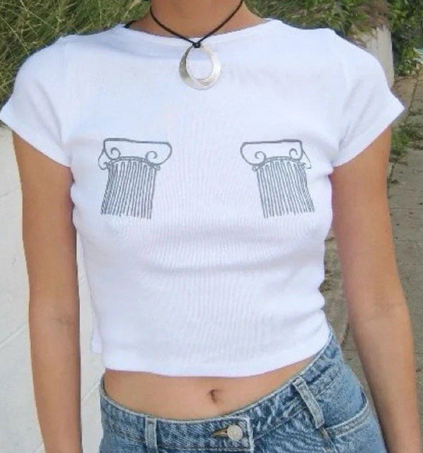 Lisa Says Gah Women's Columns Cropped T-Shirt – White – Size Medium