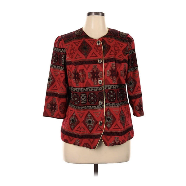 VTG Tina Barrie Jacket Aztec Print Red Gold Button Collarless 3/4 Sleeve 16