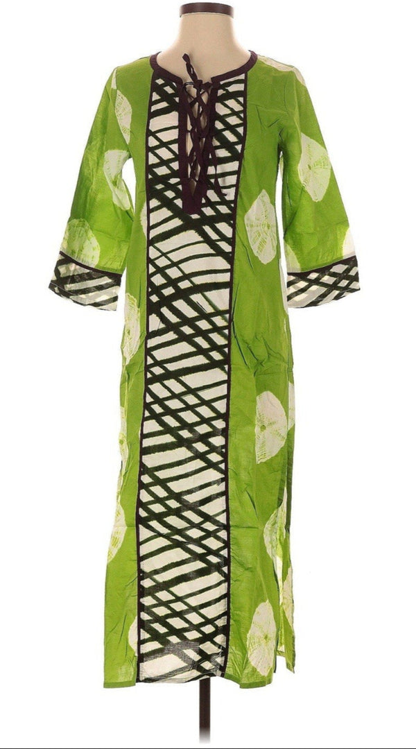 S Sung Women’s Green Printed Cotton Kaftan Maxi Dress – Size Small