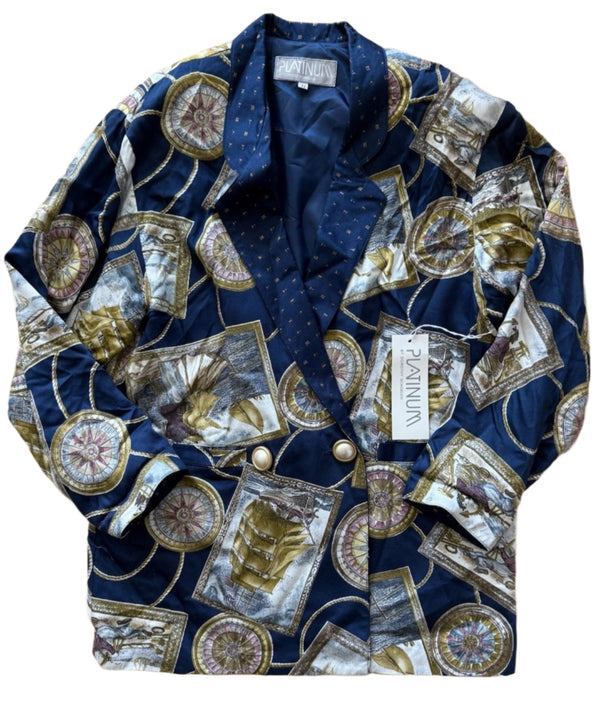 VTG 80s Dorothy Schollen Women’s Sailboat Compass Print Jacket – Navy – Size Medium