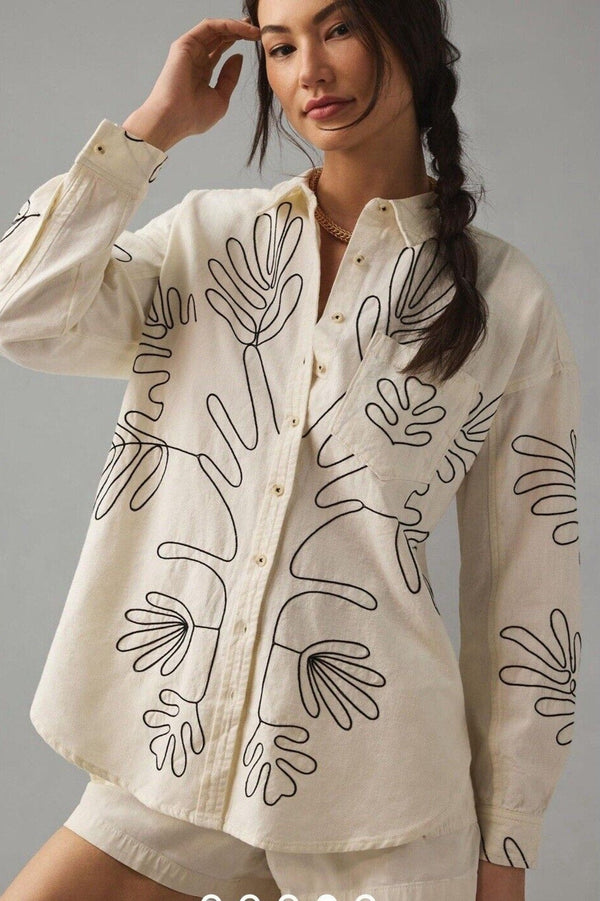 anthropologie Pilcro Moonflower Embroidery Buttondown Ivory Linen Shirt M