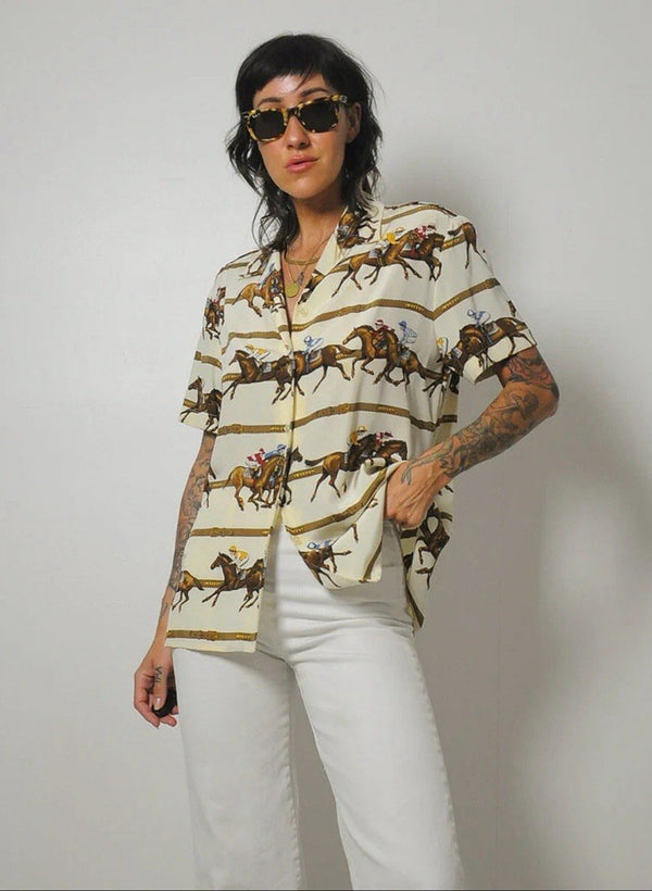 Lauren Ralph Lauren Women’s Petite Silk Equestrian Horse Print Blouse Cream Western PS