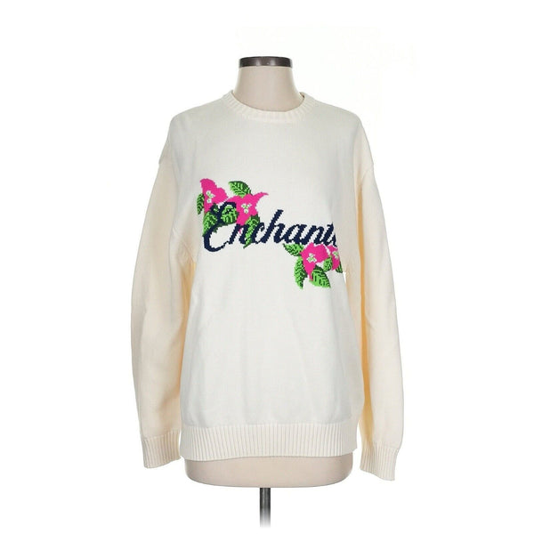 NWOT Enchante Women's Cream White Cotton Floral Logo Sweater Small