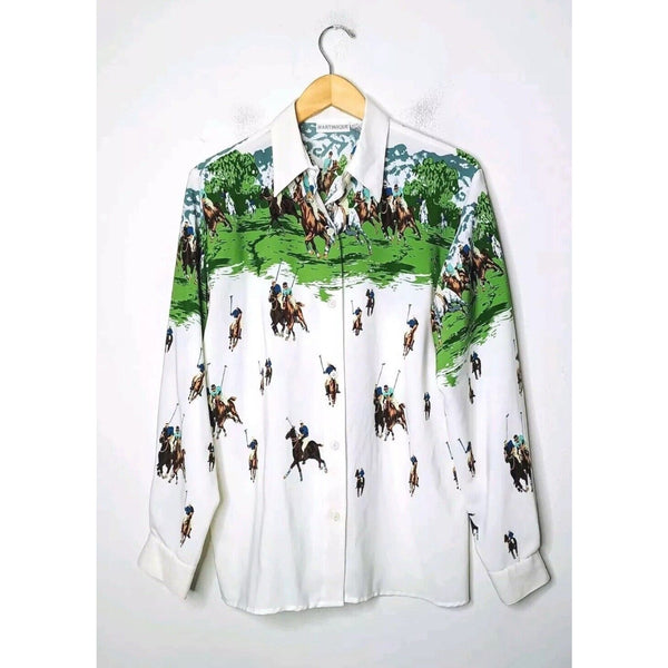 VTG Nordstrom White Equestrian Horse Western Print Silk Blouse 10