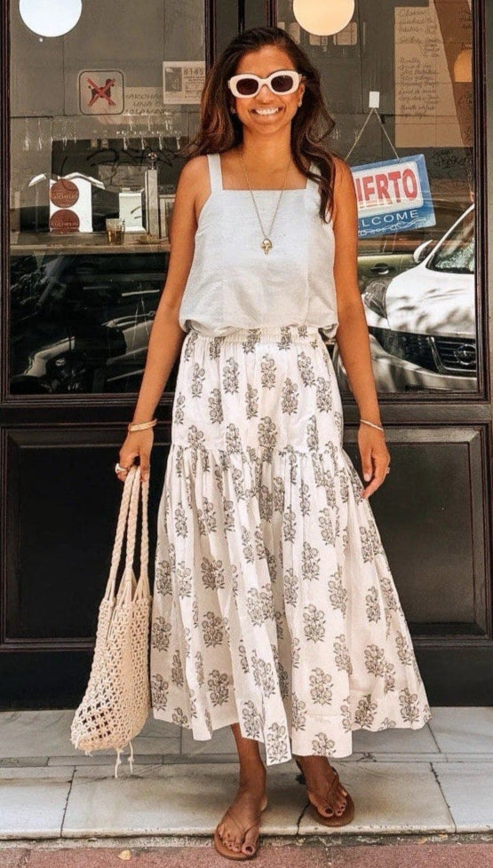 NWT Malabar Women’s Block Print Midi Skirt – White Cotton – Size 2 Medium
