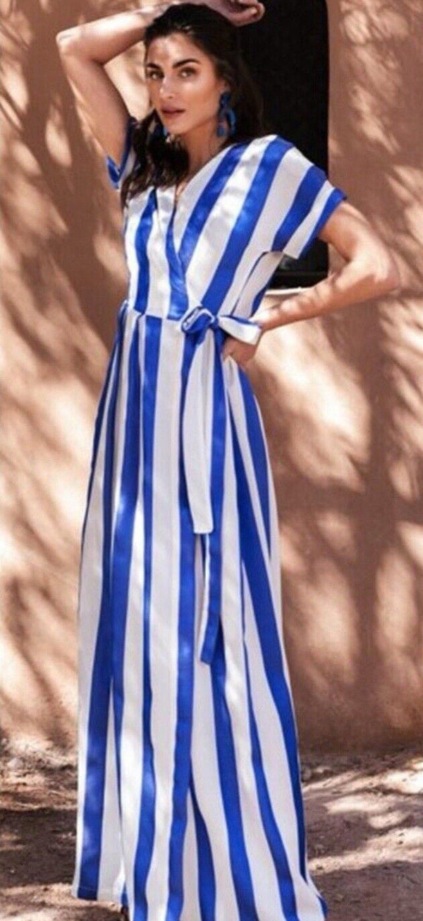 Sacha by Salima Chaieb Women's Blue and White Striped Wrap Maxi Vacation Dress, Small/Medium