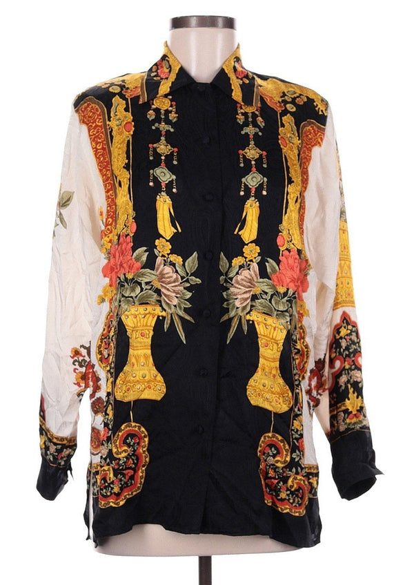 VTG Carnation Women’s Black & Gold Grecian Print Button-Down Blouse Medium