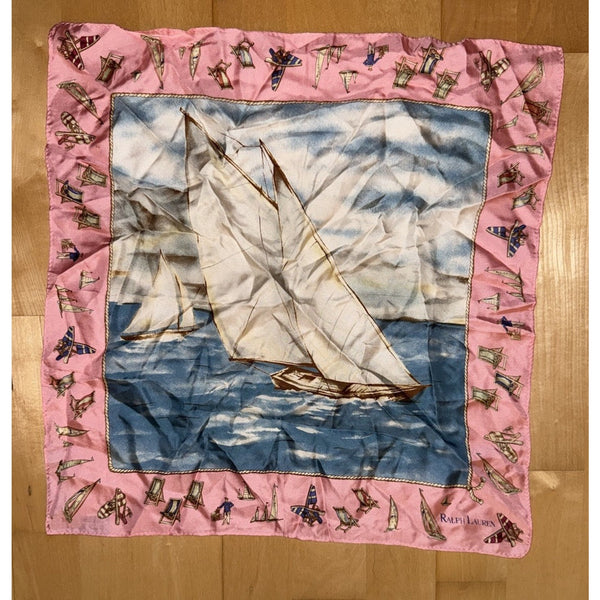 VTG Ralph Lauren Pink Sailboat Nautical Silk Scarf Made In Japan 16”